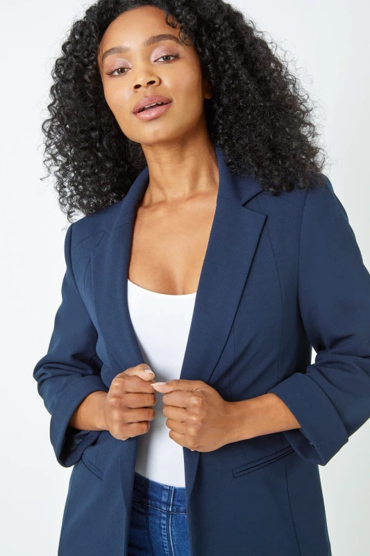 Image of Roman Womens Petite 3/4 Sleeve Classic Stretch Blazer in Navy Size: 8 Navy Female 8