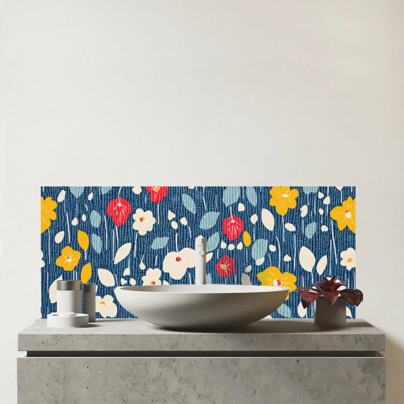 Image of Warren Reed - Designer Falling Flowers In The Rain Glass Bathroom Splashback Multicolor Unisex