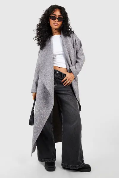 Image of boohoo Super Oversized Waterfall Wool Look Coat Grey