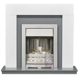 image of Adam Dakota Fireplace in Pure White & Grey with Helios Electric Fire in Brushed Steel, 39 Inch