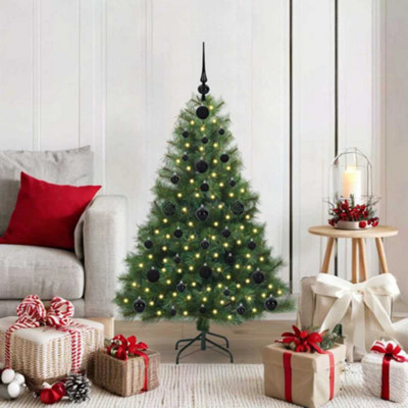 Image of vidaXL Artificial Christmas Tree with 150 LEDs and Black Balls Green 120cm PE and PVC, Green 3397758