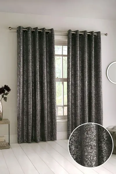 Image of Enhanced Living Halo Metallic Thermal Blockout Eyelet Curtains Charcoal