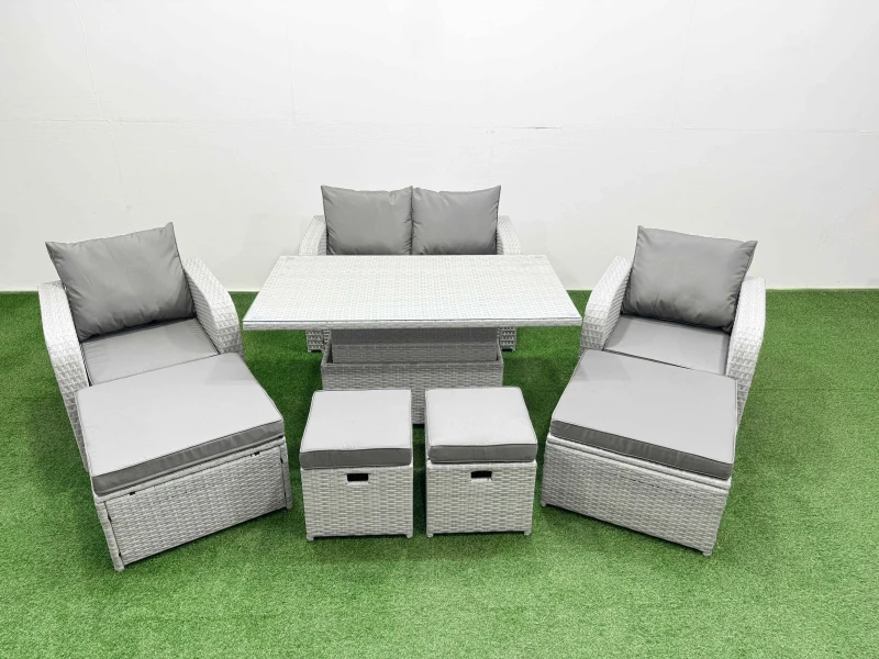 Image of Fimous 8 PCs Rising Dining Table Set Reclining Chair Inclining Love Sofa Seat in Light Grey Light Grey Unisex
