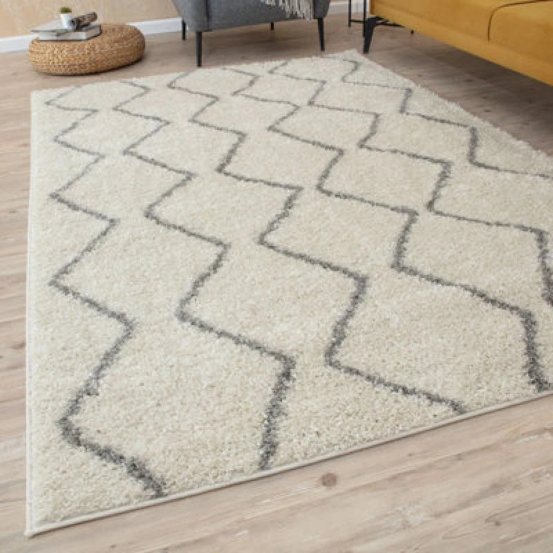 Image of THE RUGS Moroccan Soft Shaggy Rugs & Runners Ivory & Grey Living Room Size: 160cm x 230cm Grey Unisex 160cm x 230 cm