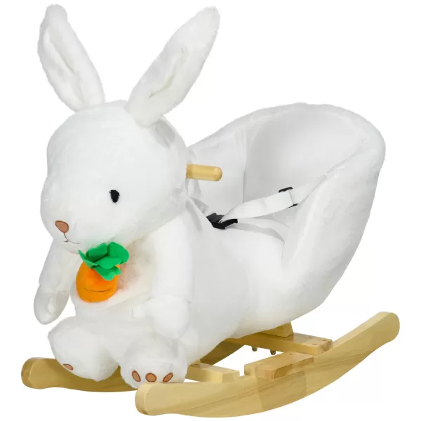 image of HOMCOM Kids Rocking Horse, Plush Rocking Chair Rabbit Shape w/ Safety Harness, Realistic Sound, Foot Pedals, for Toddler Aged 18-36 Months, White