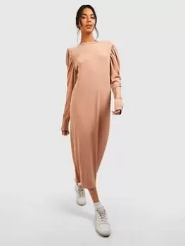 Image of Boohoo Soft Rib Rouched Sleeve Midaxi Dress - Stone, Size 8, Women