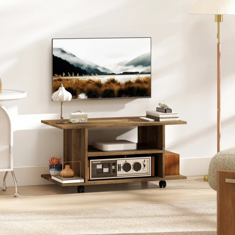 Image of HOMCOM Modern TV Cabinet Stand Storage Shelves Table Mobile Walnut Walnut Unisex
