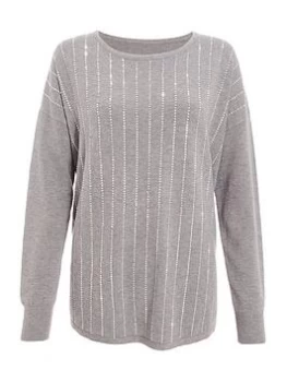 image of Quiz Grey Diamante Knitted Jumper - S