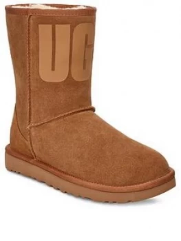 image of UGG Classic Short Rubber Logo Calf Boots - Chestnut, Size 3, Women