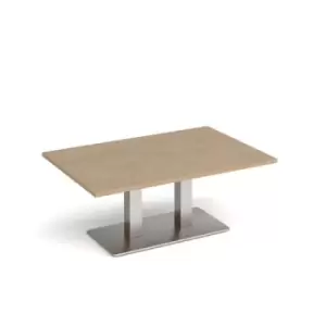 Image of Eros rectangular coffee table with flat brushed steel rectangular base and twin uprights 1200mm x 800mm - kendal oak