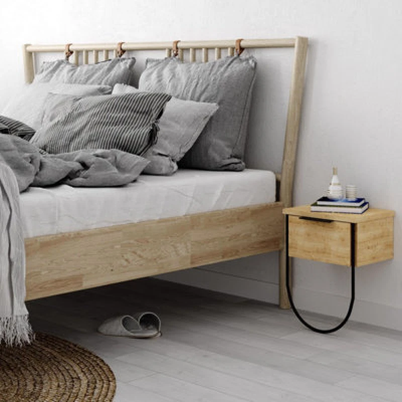 Image of FWStyle Modern 1 Door Bedside Table Cabinet Light Oak Wall Mounted Design White