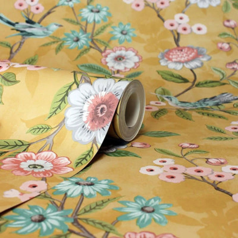 Image of Fine Decor Fine Decor Eleanor Floral Botanical Birds Yellow Ochre Wallpaper - Fd43446