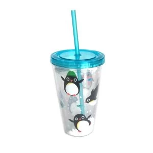 Image of Cute Penguins Double Walled Cup with Lid and Straw