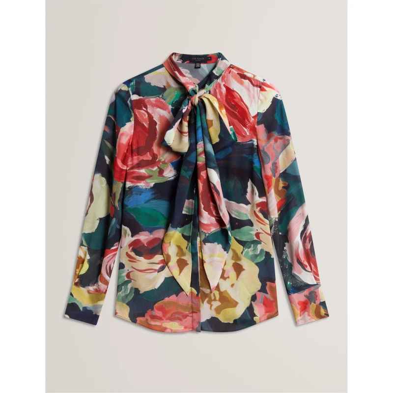 Image of Ted Baker Womens Tie Neck Long-Sleeve Blouse Navy female 8 (XS)
