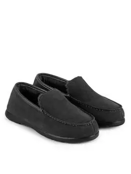 image of Totes Isotoner Iso-flex Real Suede Moccasin Slippers with Leather Binding, Dark Grey, Size 10, Men