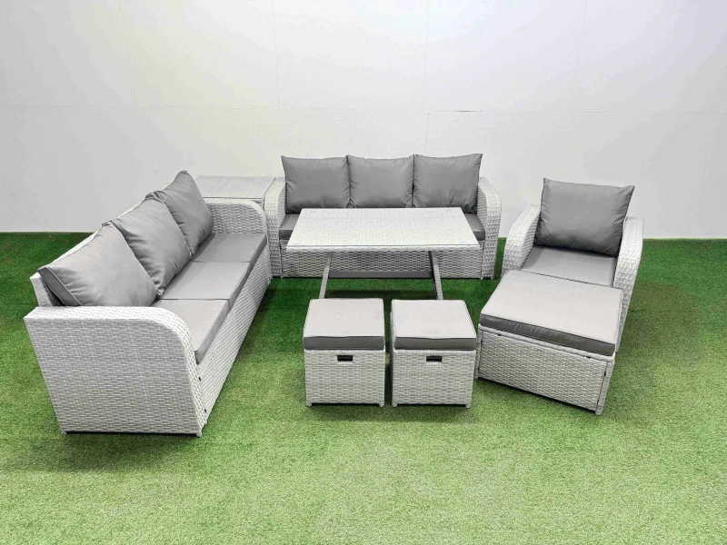 Image of Fimous 8 Pieces Outdoor PE Rattan Garden Furniture with Side Table 3 Stool in Light Grey Light Grey Unisex
