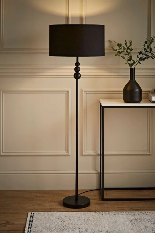 Image of ValueLights Marissa Fabric Drum Shade with Black Stacked Ball Floor Lamp Black