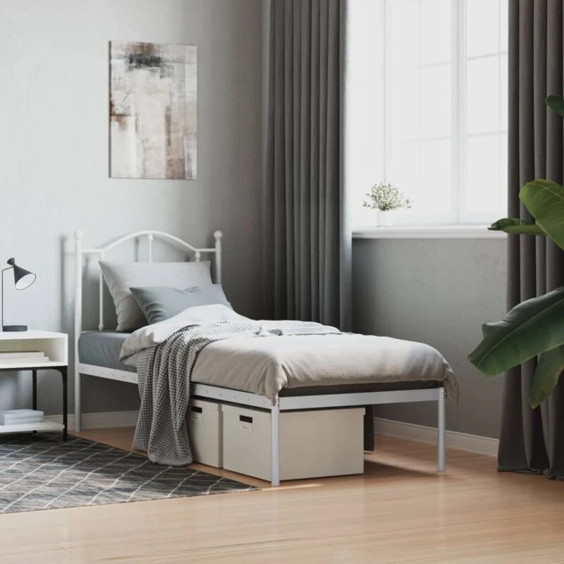 Image of Vidaxl Metal Bed Frame Without Mattress With Headboard White 75X190 Cm Small Single, White 353478