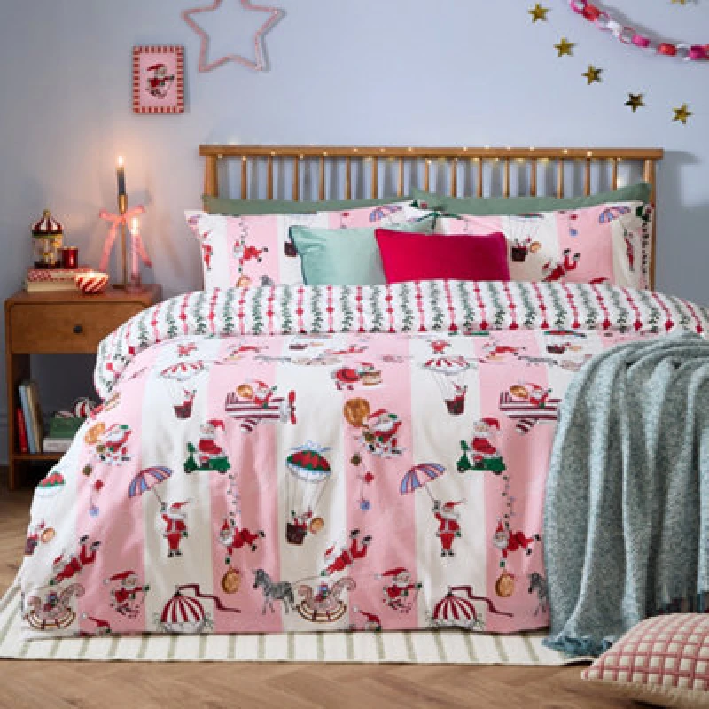 Image of furn. Furn Passport To The North Pole Christmas Reversible Duvet Cover Set, Candy Floss/linen, Super King