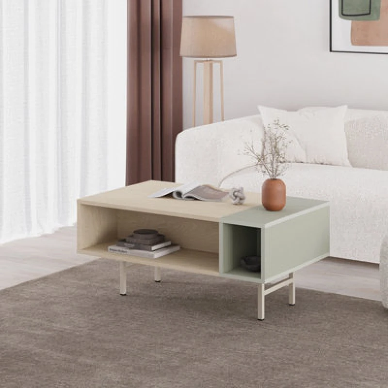 Image of Decortie Modern Rectangle Coffee Table With Dual Shelf 100Cm Sonoma Oak Ash Green, Multi 8.68363E+12