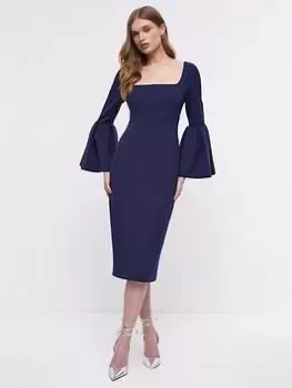 Image of COAST Full Sleeve Corset Bodice Pencil Dress - Navy, Blue, Size 12, Women