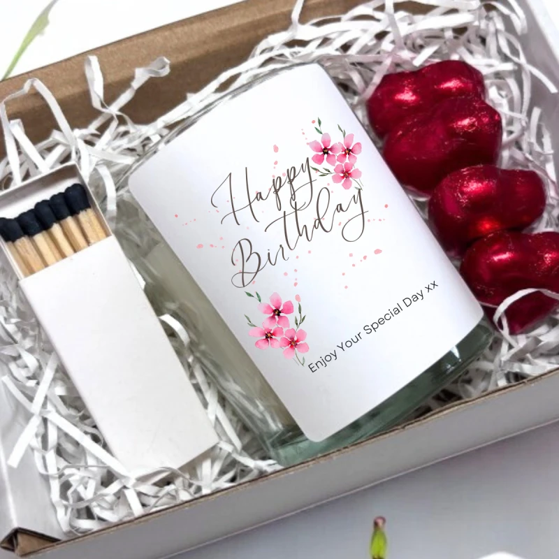 Image of Aye Do Gifts Pink Flowers Happy Birthday Candle Gift Set Birthday Gift Box For Her Birthday Gift Birthday Gift Hamper Mums Birthday Gift UK