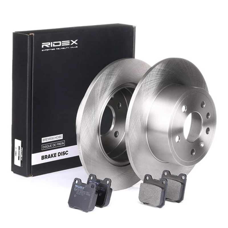 Image of RIDEX 3405B0107 Brake disc and pads set Rear Axle, Brake Disc Type: Solid Brake Set,disc brakes (3405)