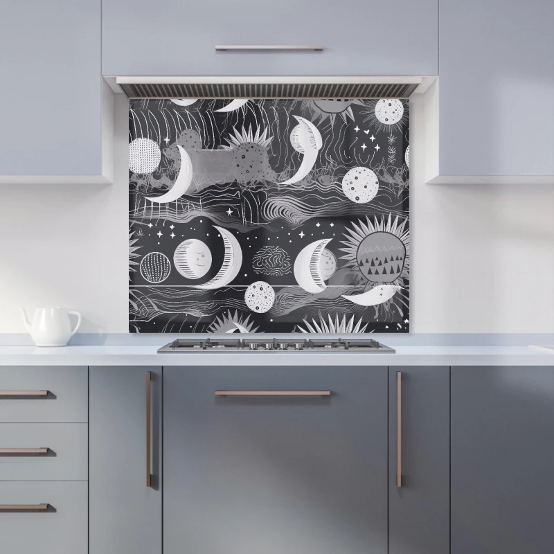 Image of Warren Reed - Designer Abstract Black White Moon & Sun Kitchen Splashback in Grey Size: 600mm x 750mm Grey Unisex 600mm x 750mm