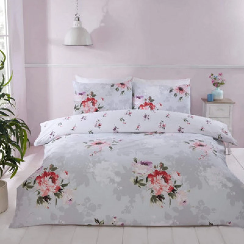 Image of Rapport Margot Flowers Reversible Duvet Cover Set Floral Grey Bedding Easy Care Microfibre Polyester