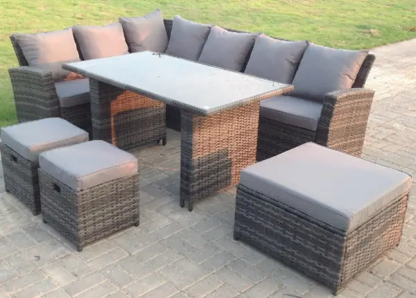 Image of Fimous 6 Seater Outdoor Dark Grey High Back Rattan Lounge Complete Sofa Set with Black Tempered Dining Table, 2 Stools and Big Footstool
