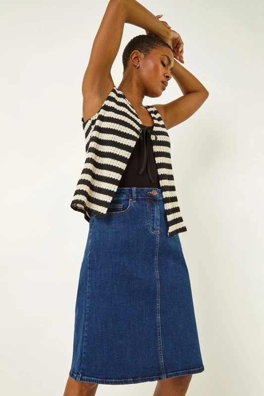Image of Roman Cotton Denim Stretch A line Skirt Indigo