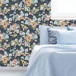 Image of Superfresco Easy Lily Retro Navy Floral Wallpaper - Beige