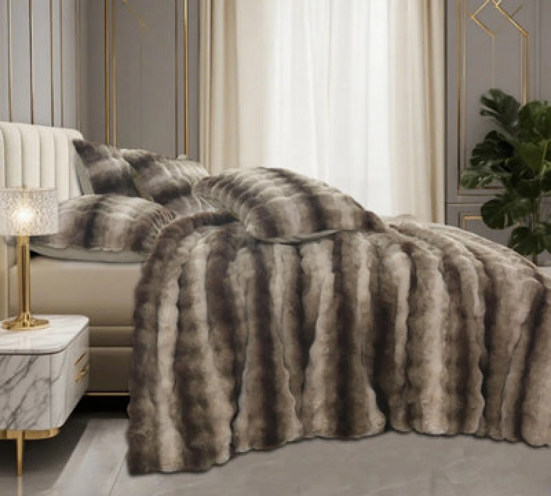 Image of Velosso Beige Husky Faux Rabbit Fur Duvet Cover And Pillowcase Set Single