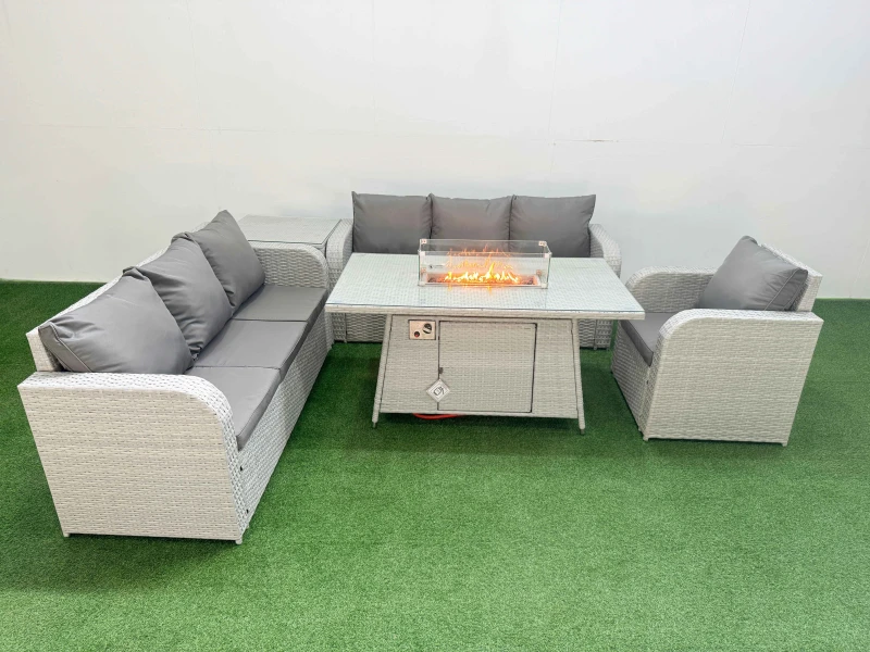 Image of Fimous 7 Seater Poly Rattan Outdoor Garden Furniture Firepit Dining Table Sofa Set Patio 3 Seater Sofa Reclining Chair 3 Seater Sofa Side Table Light