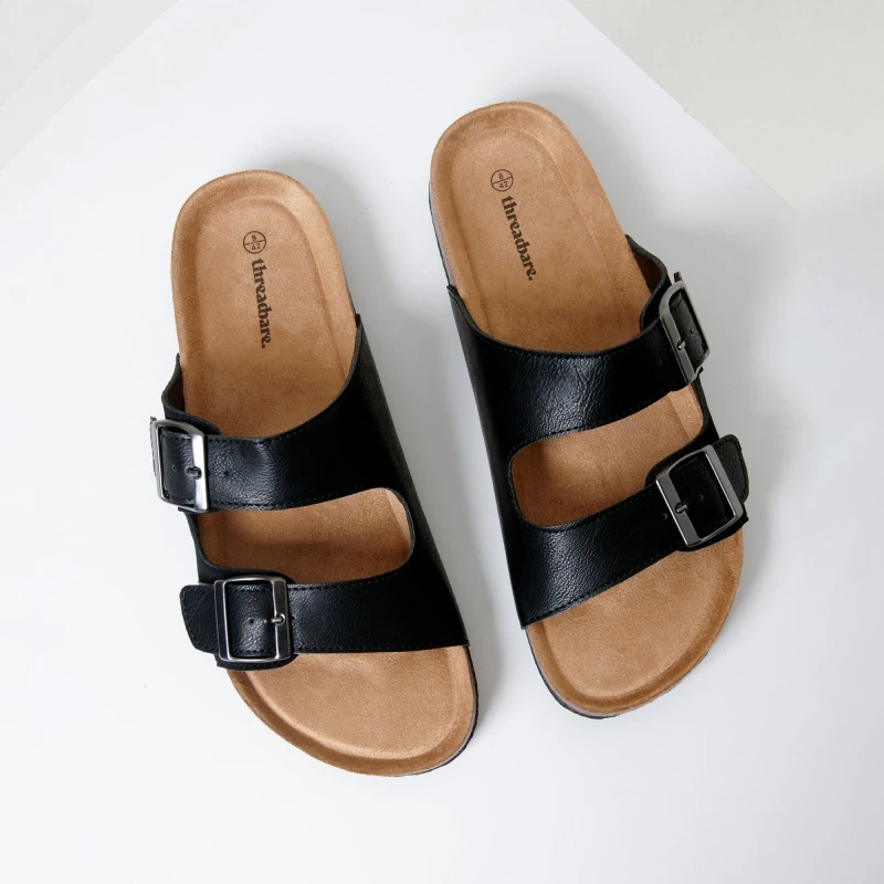 Image of Threadbare Mens Slip-On Two Buckle Strap Flat Sandals Black male 8