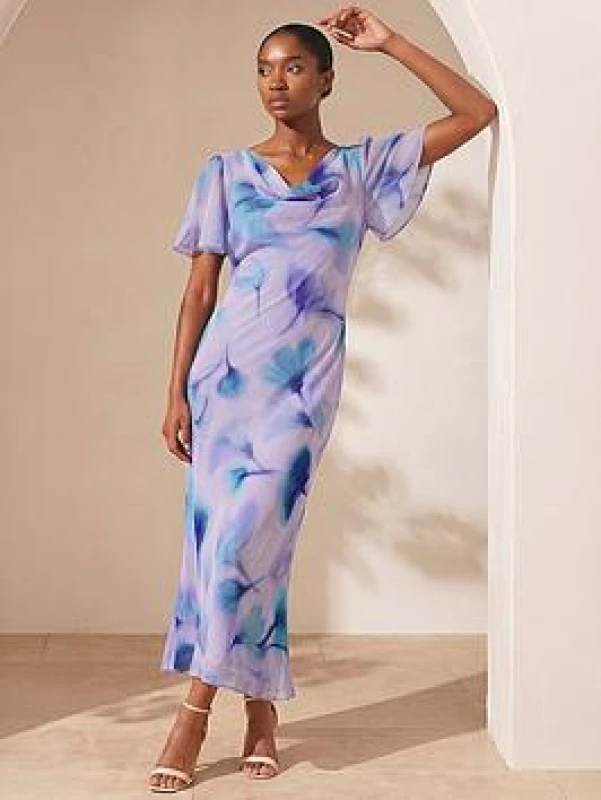 Image of Roman Womens Petite Floral Cowl Neck Midi Dress in Blue Size: 10 Blue Female 10