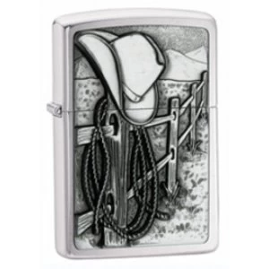 Image of Zippo Resting Cow boy Emblem Brushed Chrome Windproof Lighter