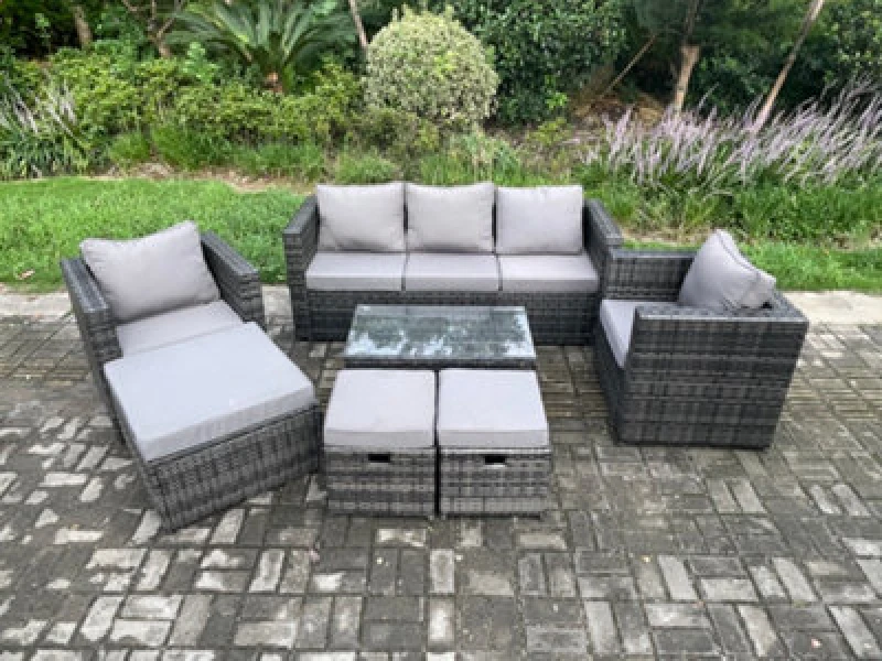 Image of Fimous Outdoor Rattan Garden Furniture Set with 3 Seater Sofa Coffee Table 2 Armchairs 3 Footstools Patio Lounge Sofa Set Dark Grey