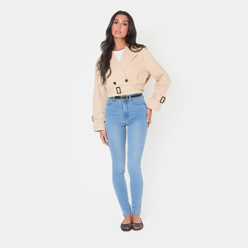Image of I Saw It First Womens Cropped Belted Long Sleeve Trench Coat Camel female 10 (S)