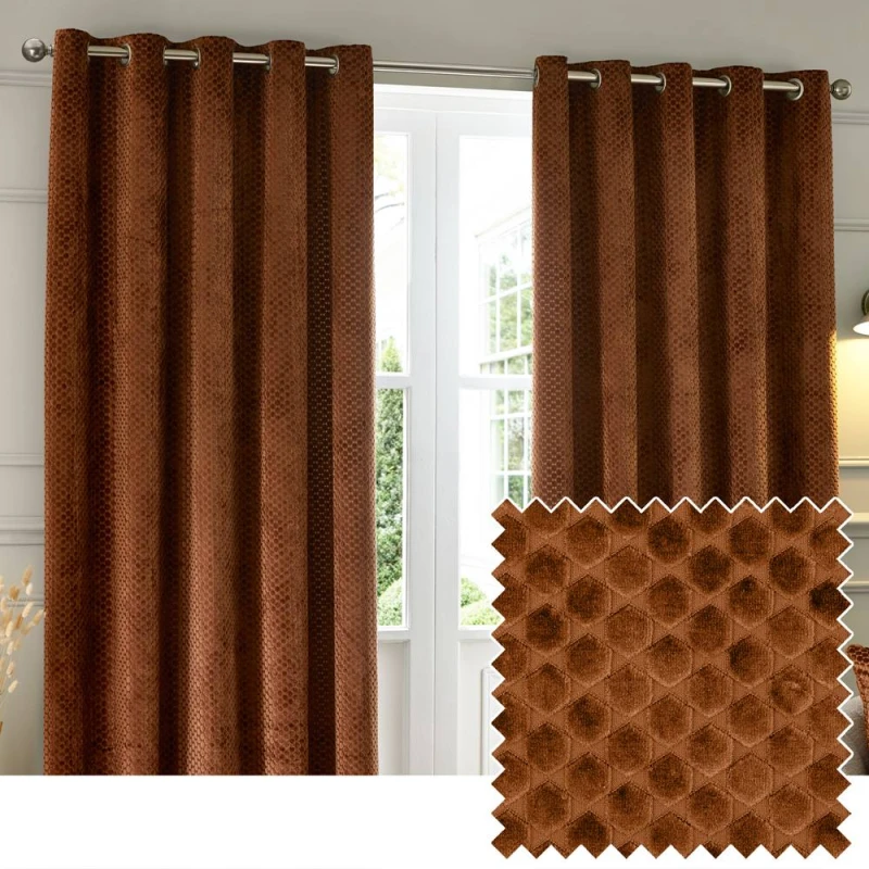 Image of Paoletti Neptune Fully Lined Velvet Eyelet Curtain Pair in Copper Size: 229cm width x 137cm drop Copper Unisex 229cm width x 137cm drop