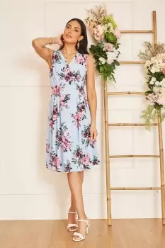 Image of Blue Rose Printed Wrap Over Sleeveless Skater Dress