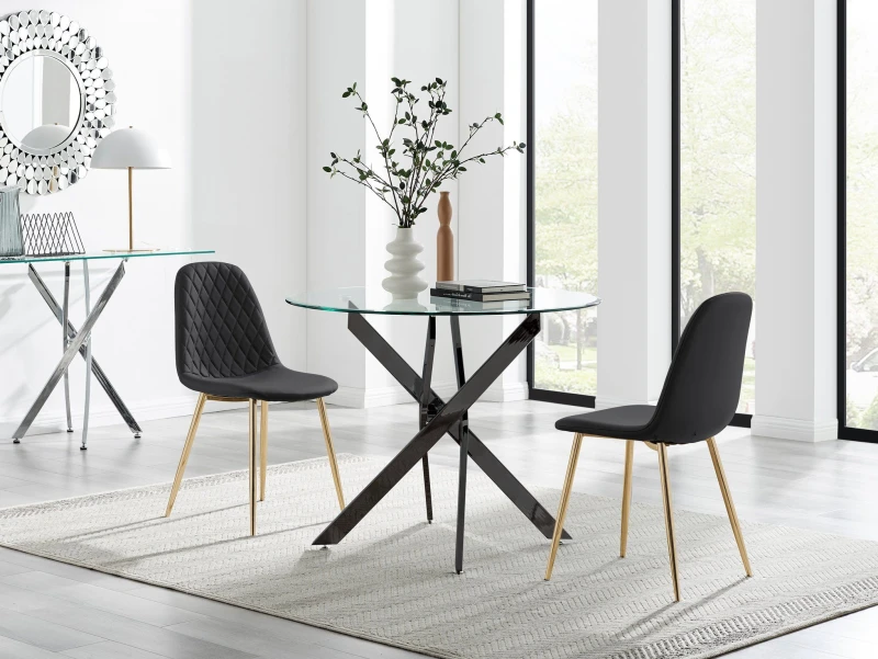 Image of FurnitureboxUK FurnitureboxUK Novara 100cm Round Black Leg Dining Table & 2 Corona Gold Chairs Black One Size Unisex 5056784304563