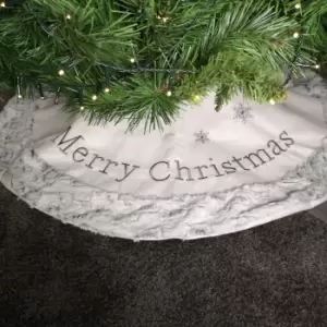 image of 1m White & Grey Fur Trim Merry Christmas Snowflake Fabric Tree Skirt