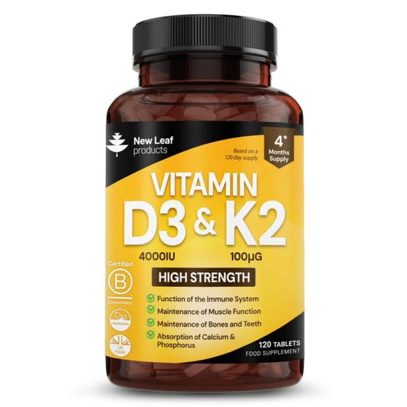 Image of New leaf health Vitamin D3 K2, Vitamin D3 4000iu + Vitamin K2 100mcg, Supports Immunity, Calcium Absorption and Bone Health 120 Vegetarian Tablets Yel