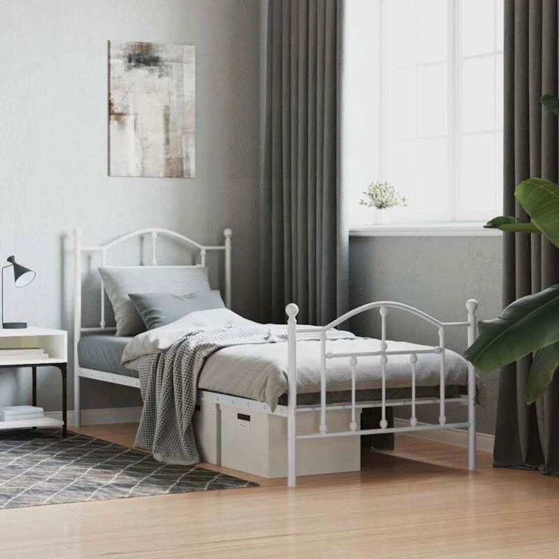Image of Vidaxl Metal Bed Frame Without Mattress With Footboard White 90X190 Cm Single, White 353498
