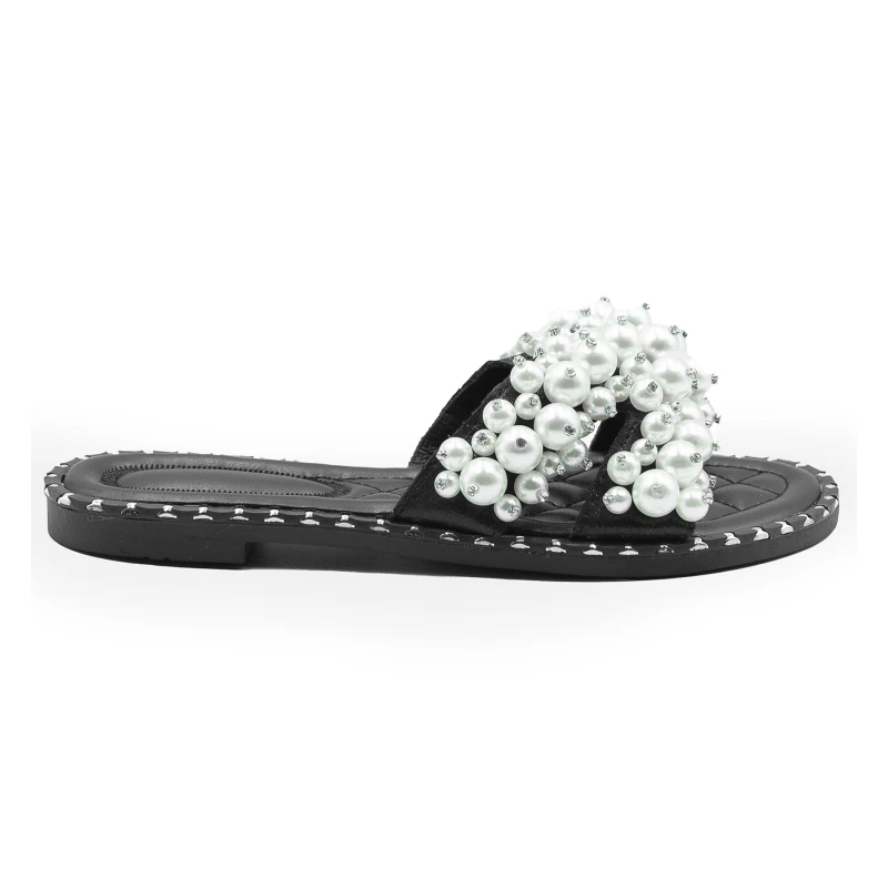 Image of Where's That From 'Eve' Pearl Flat Slider Sandals Black