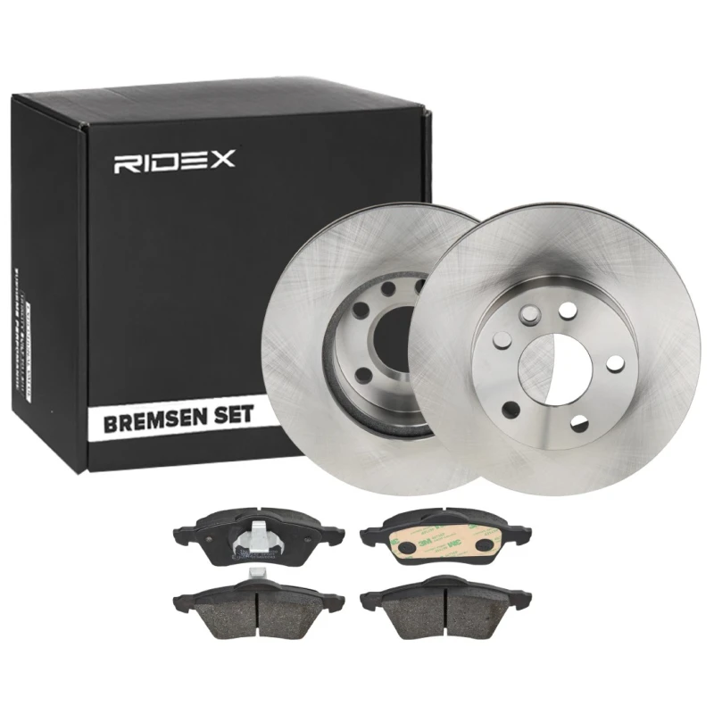 Image of RIDEX 3405B1786 Brake disc and pads set Front Axle, not prepared for wear warning indicator, with piston clip Brake Set,disc brakes (3405)