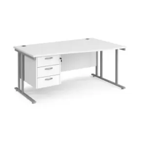 Image of Office Desk Right Hand Wave Desk 1600mm With Pedestal White Top With Silver Frame Maestro 25 MC16WRP3SWH