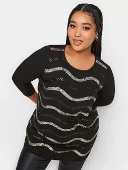 Image of Yours Sequin Embellished Stripe T-Shirt, Black, Size 16, Women