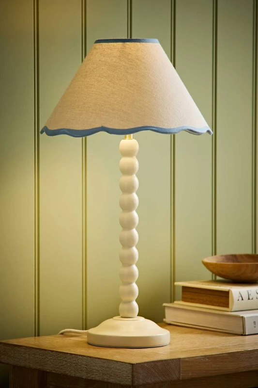 Image of ValueLights Bobbin Colour Trim Linen Shade Cream Bobble Table Lamp in Baby Blue Baby Blue Unisex